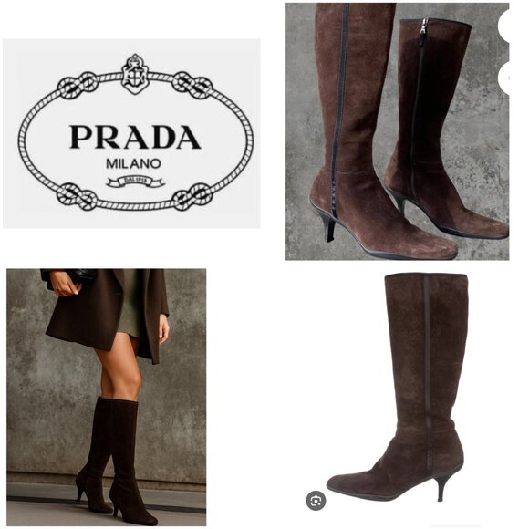 PRADA BROWN SUEDE HEELED BOOTS - EU 38.5/US 8 - Picture 1 of 16
